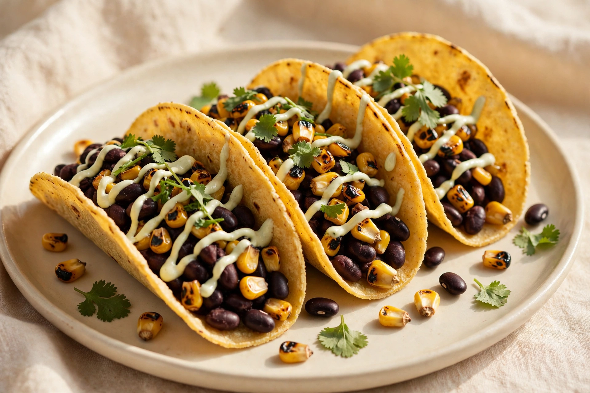 Three black bean and corn tacos with lime crema, cilantro and lime wedges