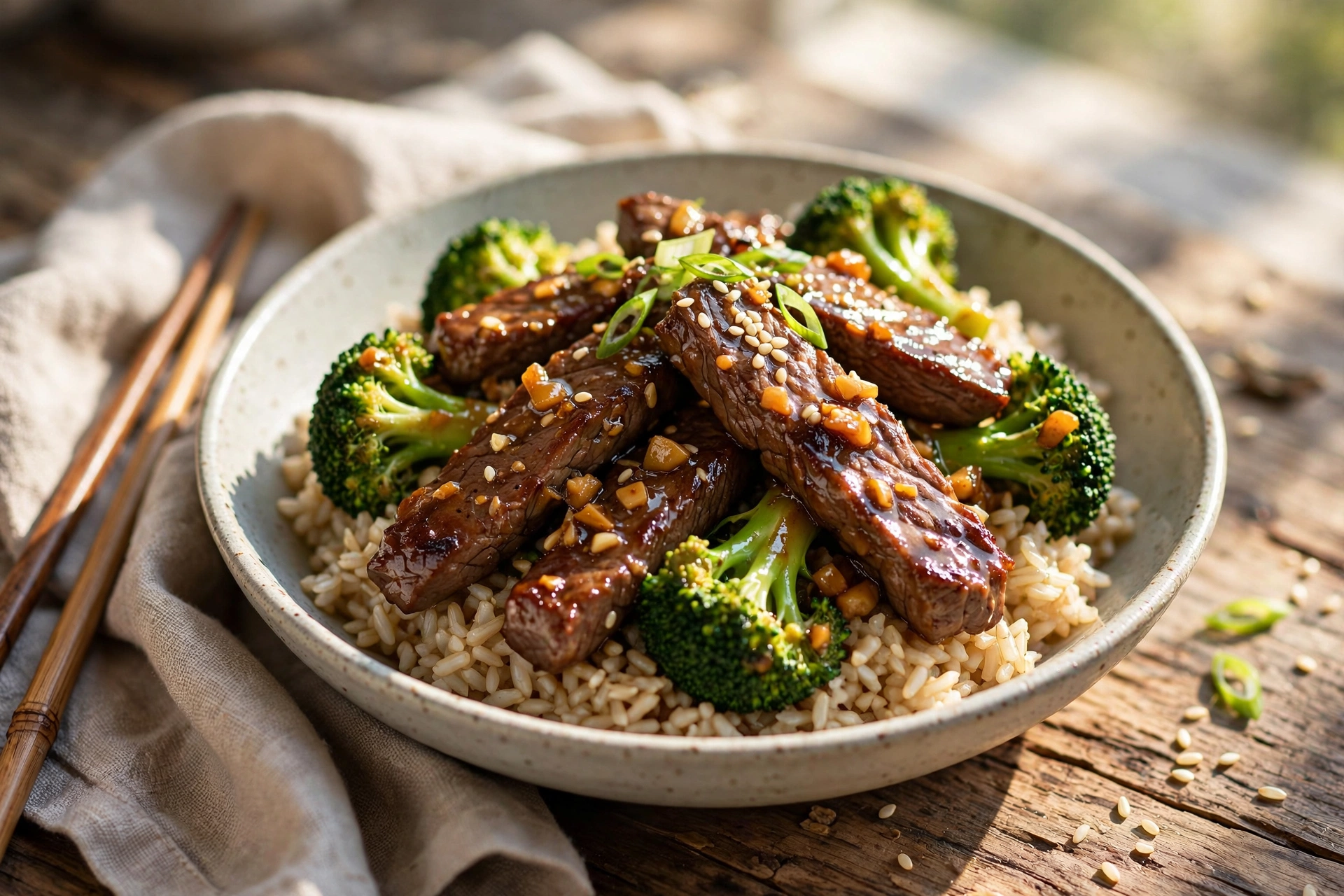 Beef strips and bright green broccoli in glossy stir-fry sauce over brown rice