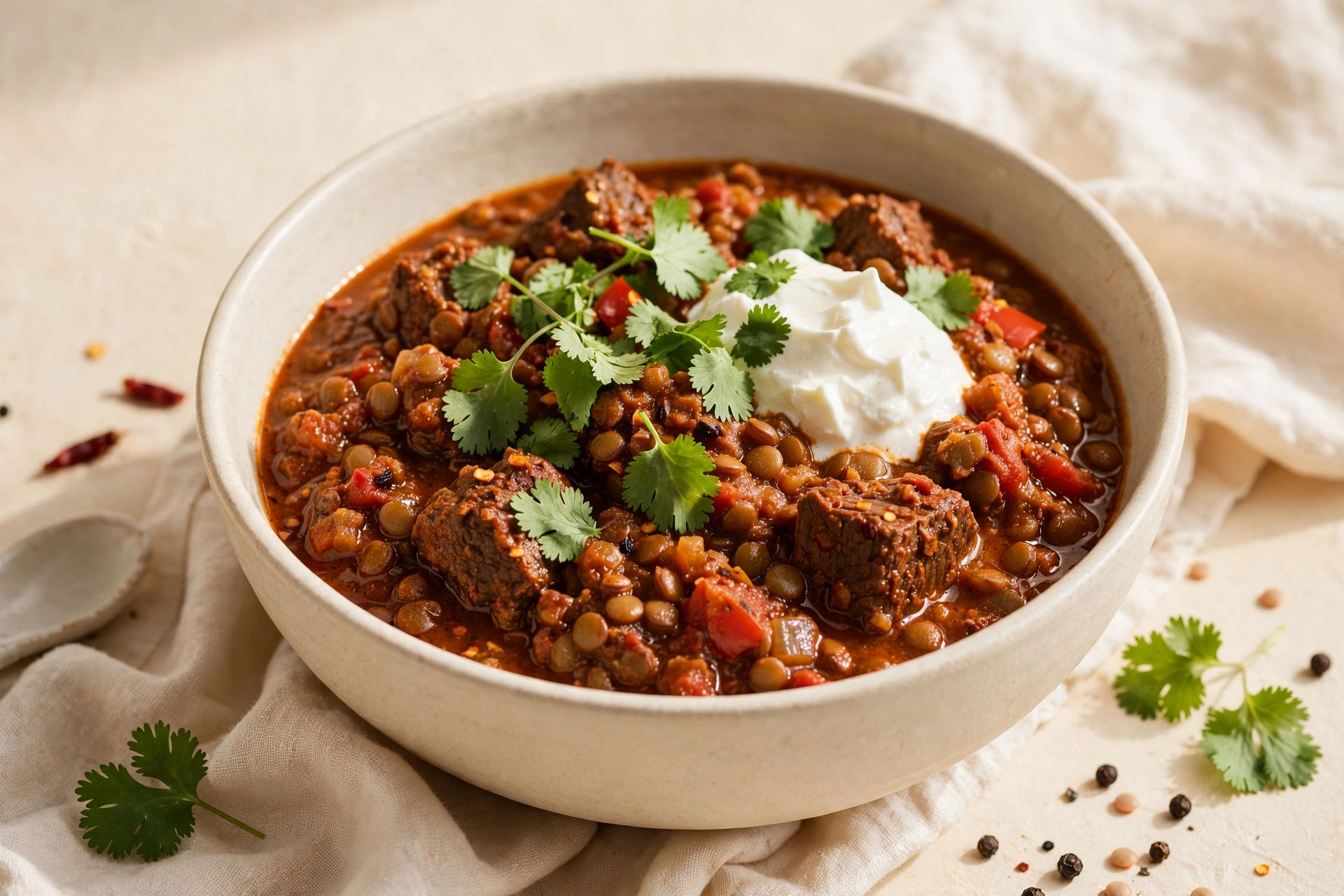Bowl of beef and lentil chili topped with Greek yogurt and fresh cilantro