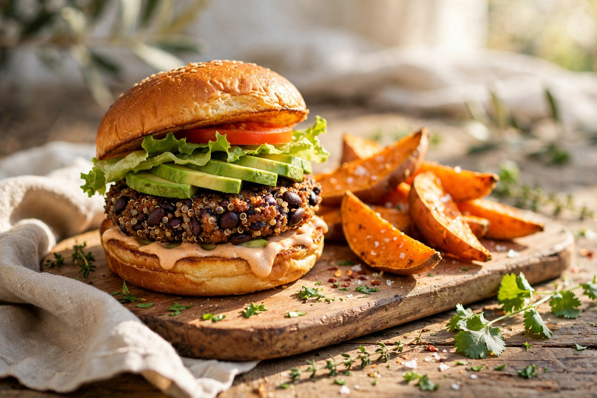 Homemade black bean quinoa burger in a bun with lettuce, tomato and onion