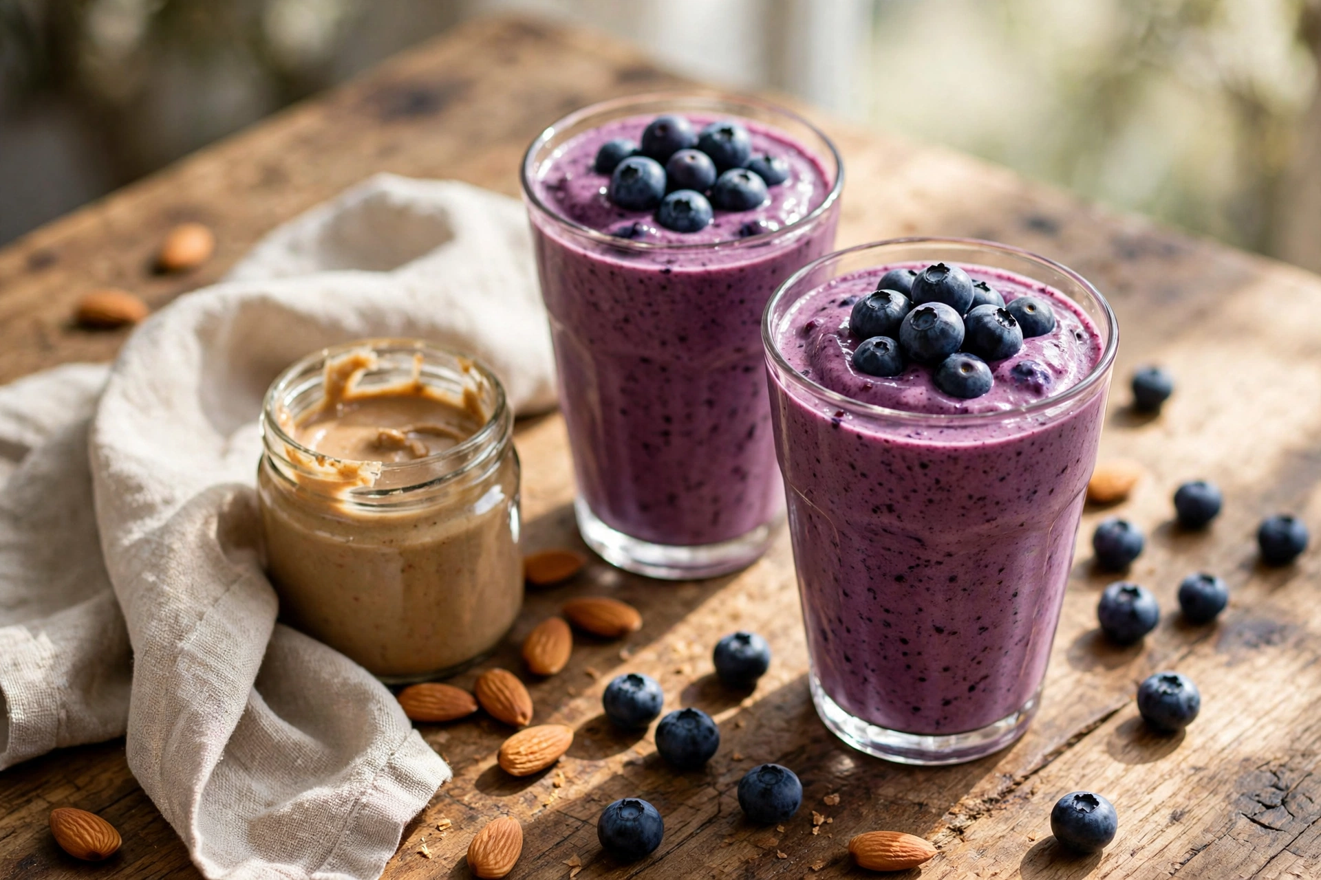 Two glasses of purple blueberry almond smoothie with blueberries on top