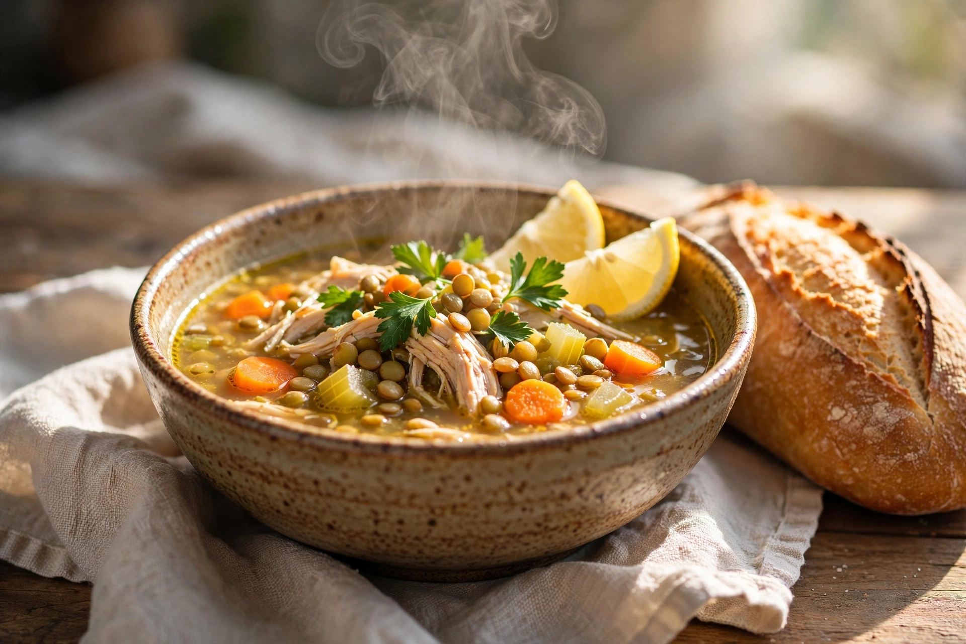 Bowl of golden chicken and lentil soup with carrots, spinach and lemon wedge