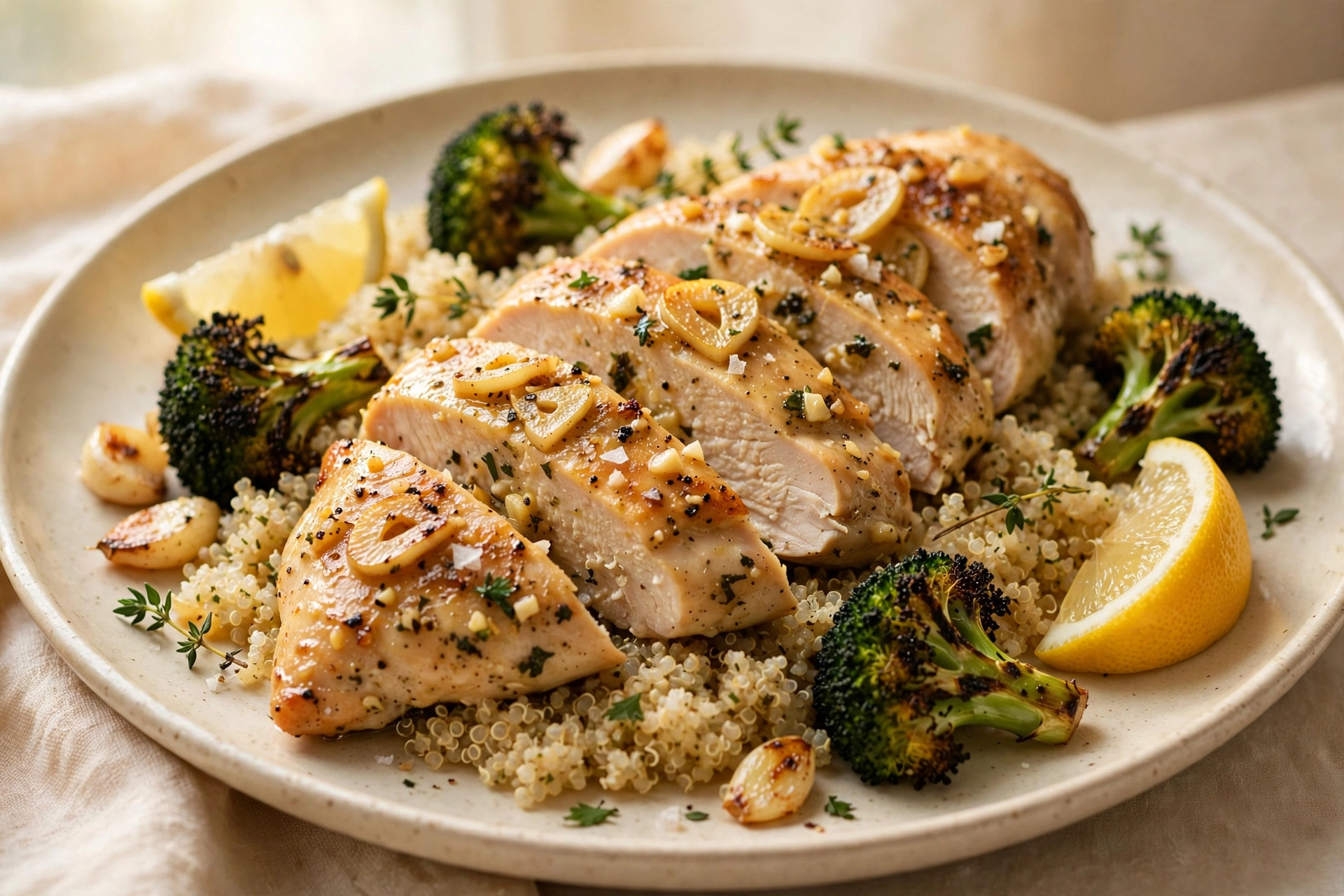 Sliced lemon-garlic chicken breast over quinoa with charred broccoli