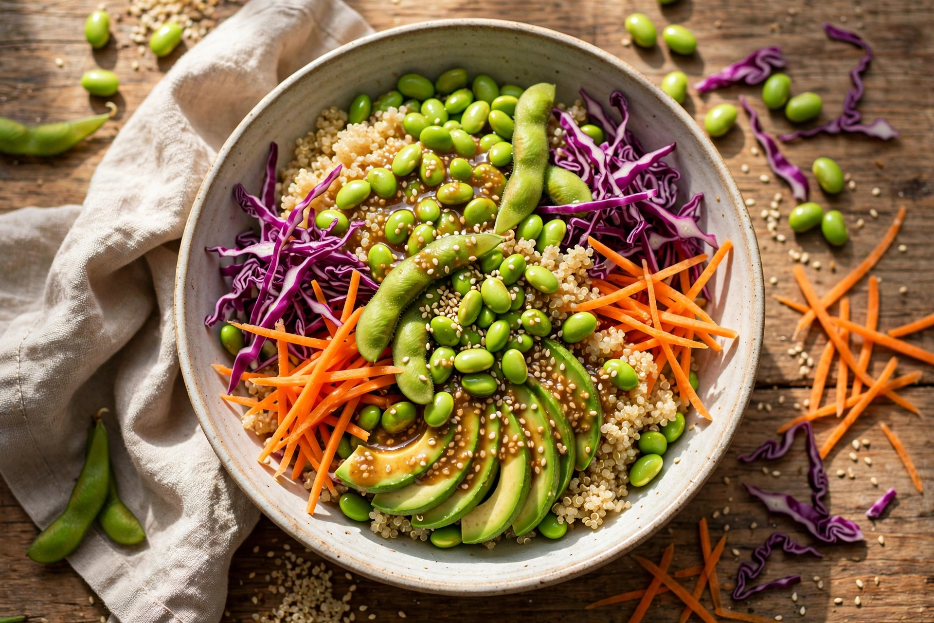Colorful bowl of quinoa salad with edamame, avocado, red peppers and tahini drizzle