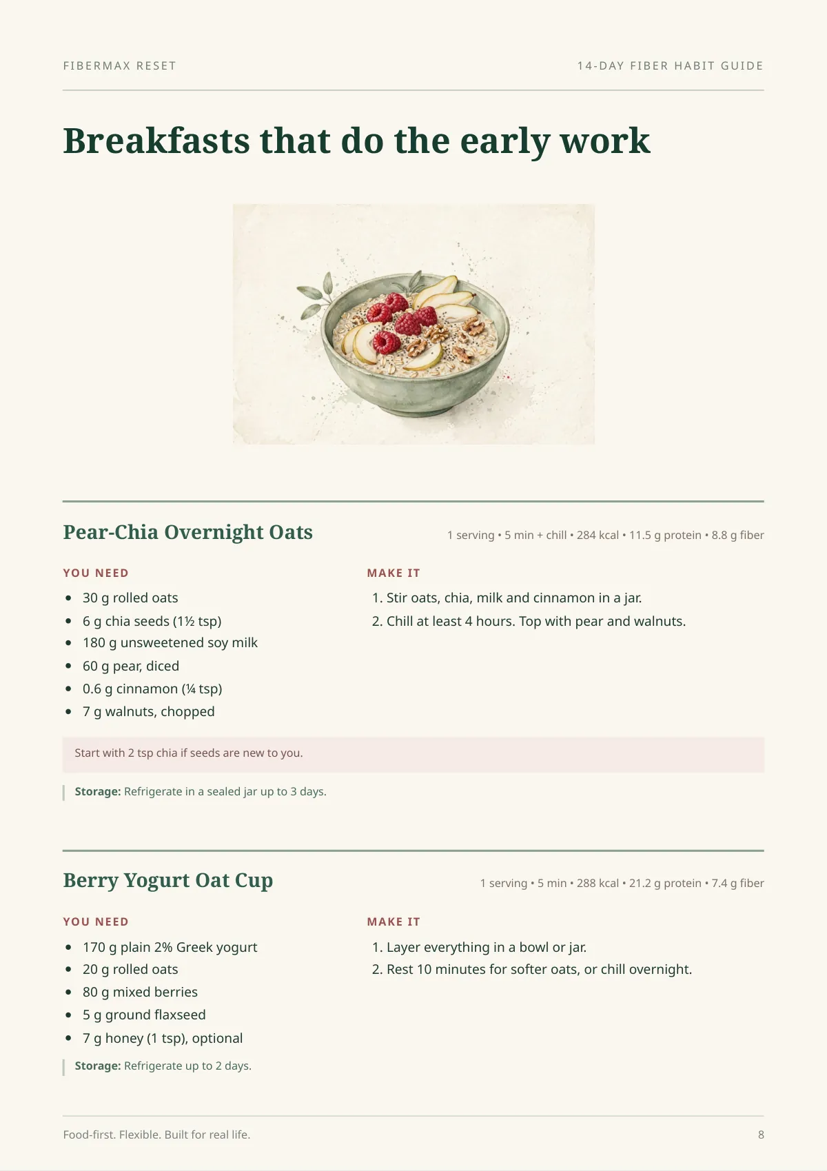 Inside the guide: a recipe page with ingredients, steps and nutrition
