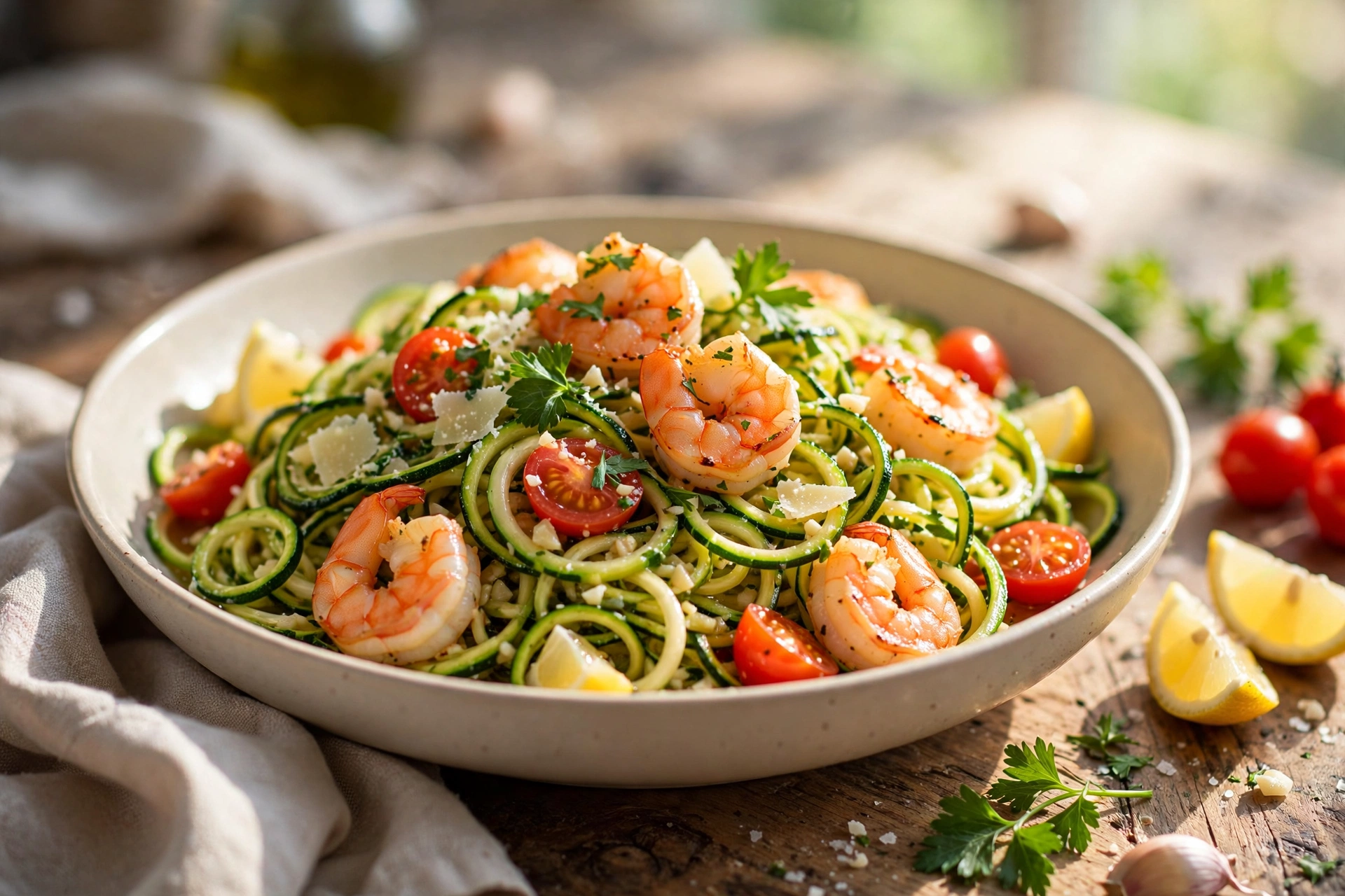 Pan of zucchini noodles with pink garlic shrimp, cherry tomatoes and parmesan