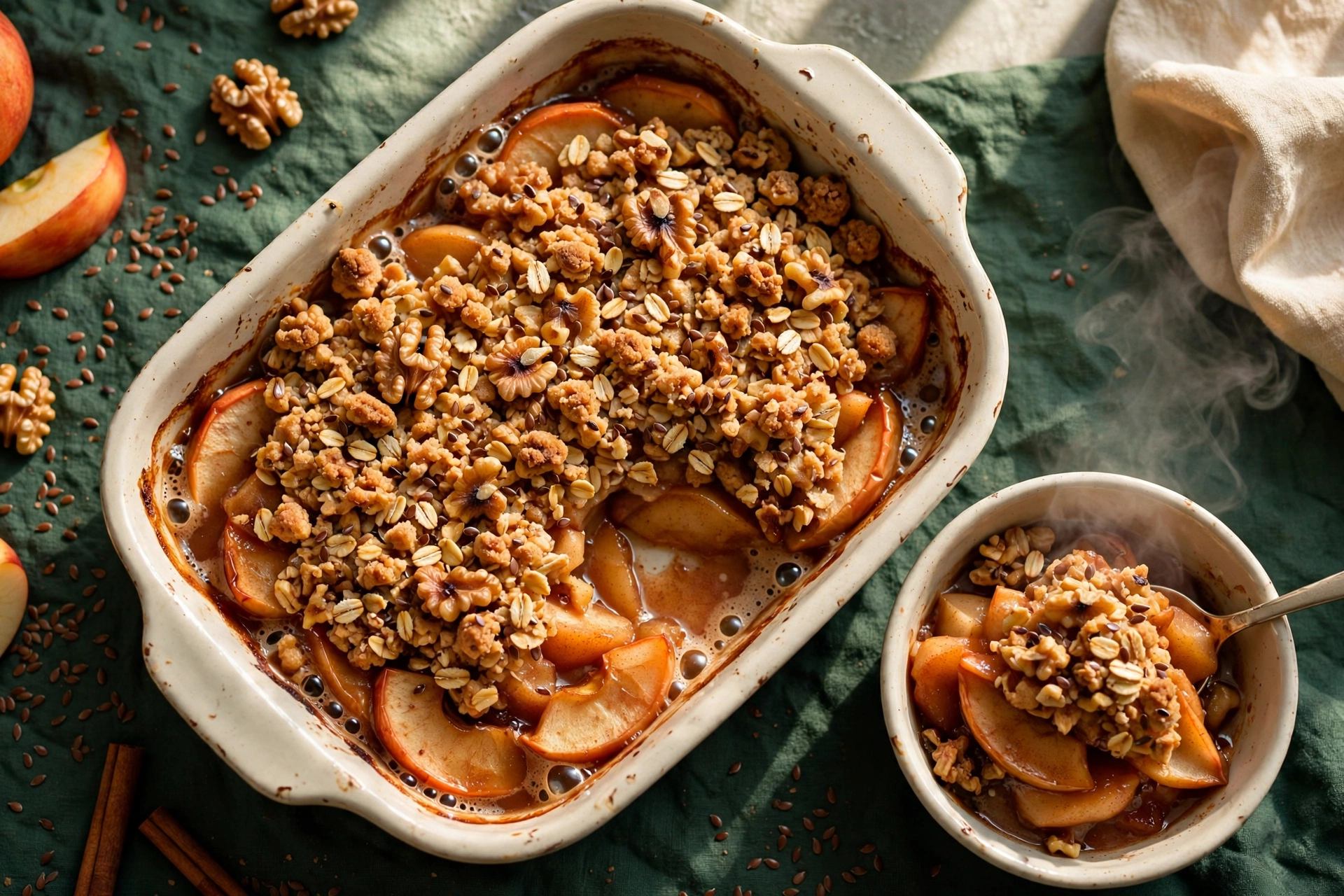 Baked apple crisp with golden oat-walnut crumble in a cream ceramic dish, one serving in a bowl beside it, on a deep green cloth