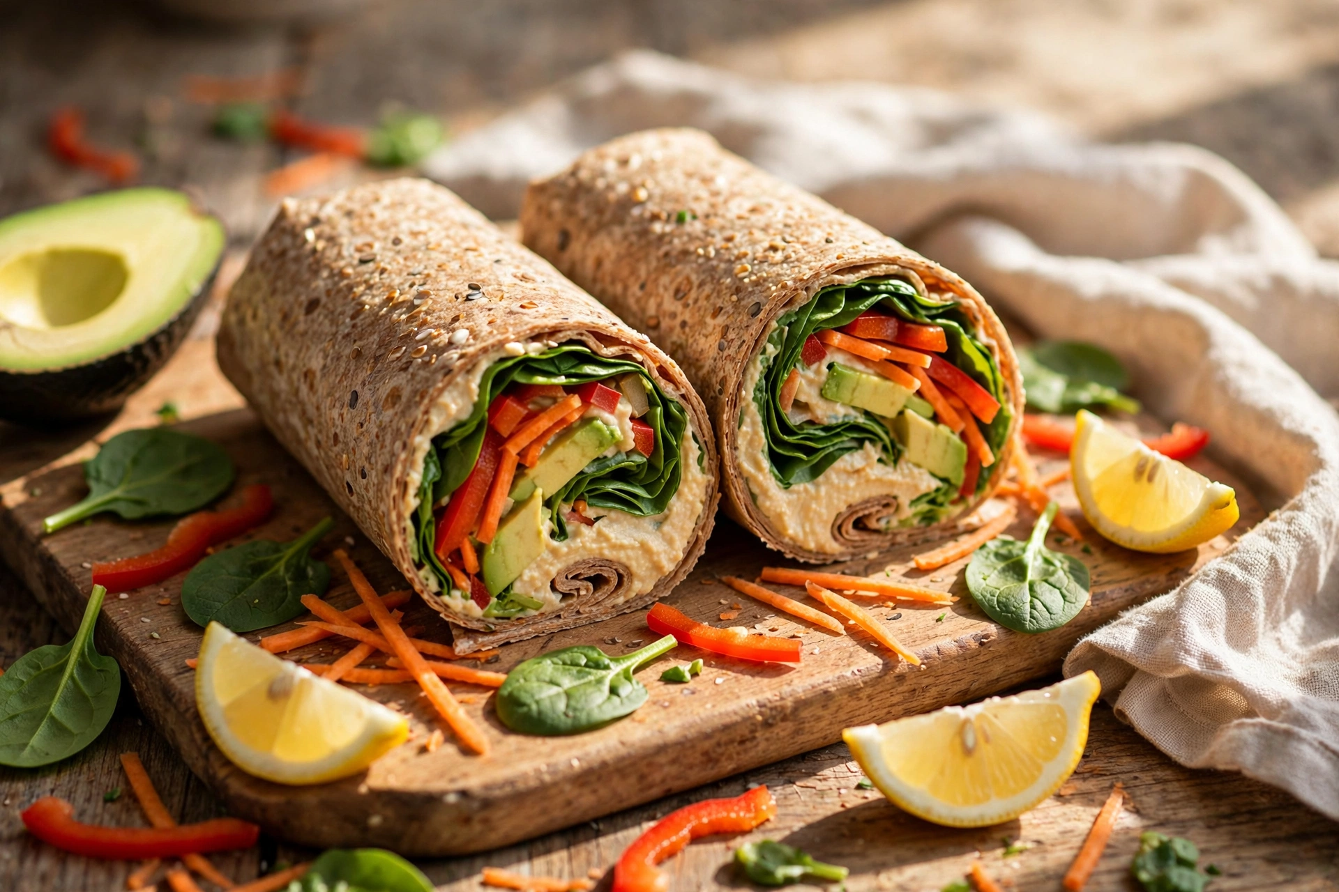 Whole-grain wrap filled with hummus, spinach, bell peppers, carrots and avocado, cut in half