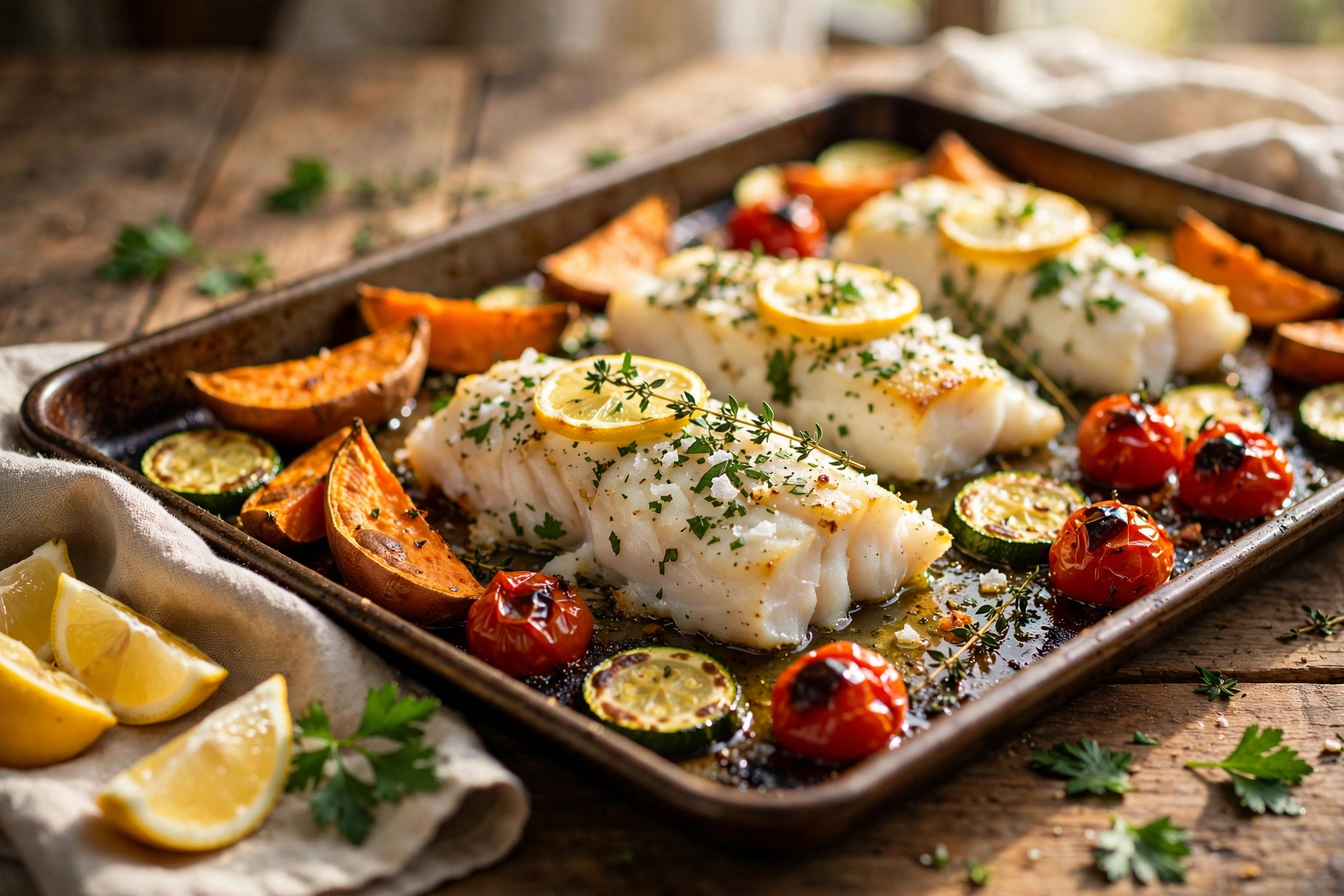 Sheet pan with baked cod fillets, sweet potato wedges, zucchini and cherry tomatoes