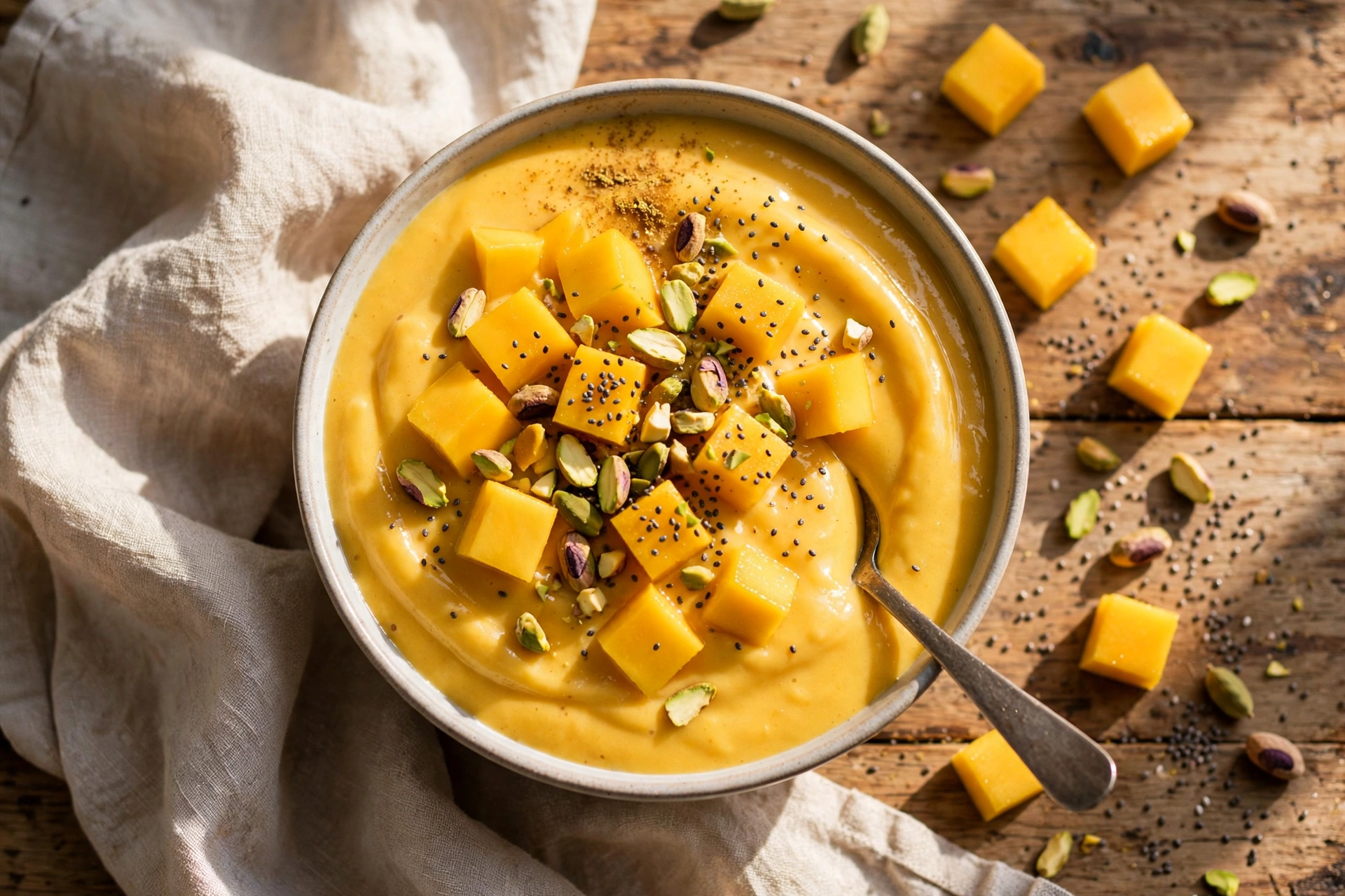 Mango smoothie bowl topped with pistachios, chia seeds and mango cubes