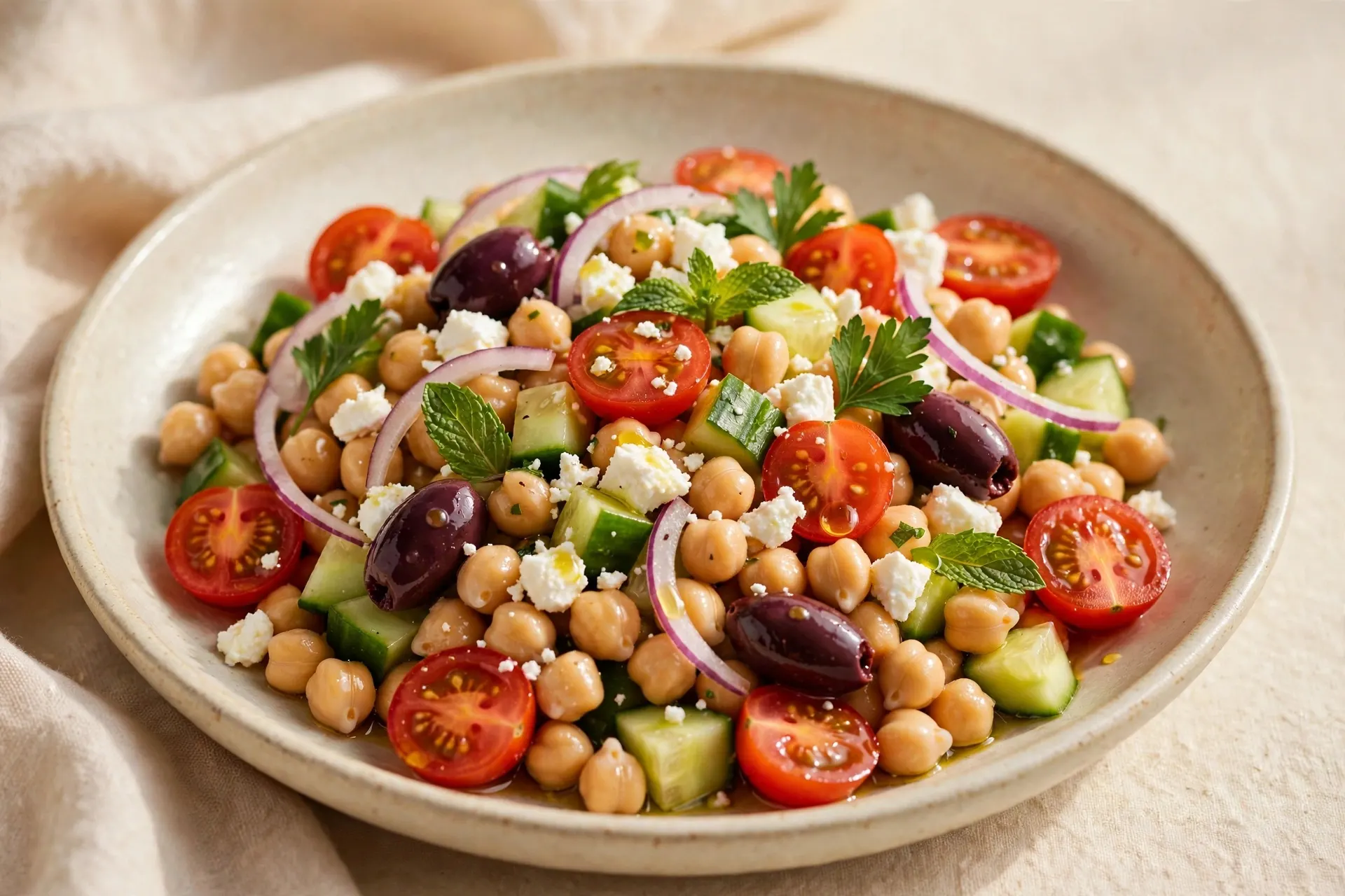 Colorful Mediterranean bowl with chickpeas, quinoa, cucumber, tomatoes and feta