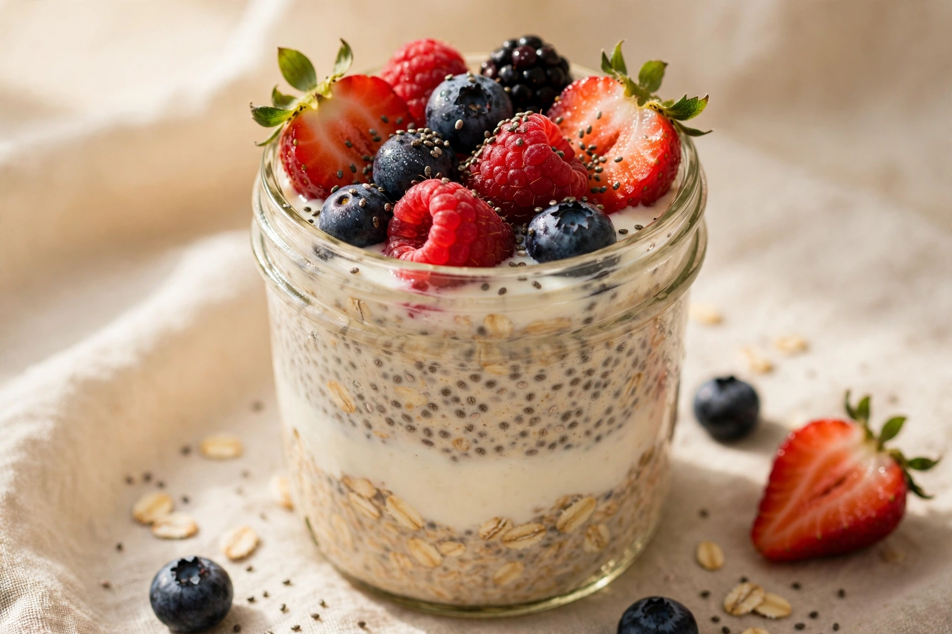 Jar of berry overnight oats with layers of yogurt, chia and fresh berries