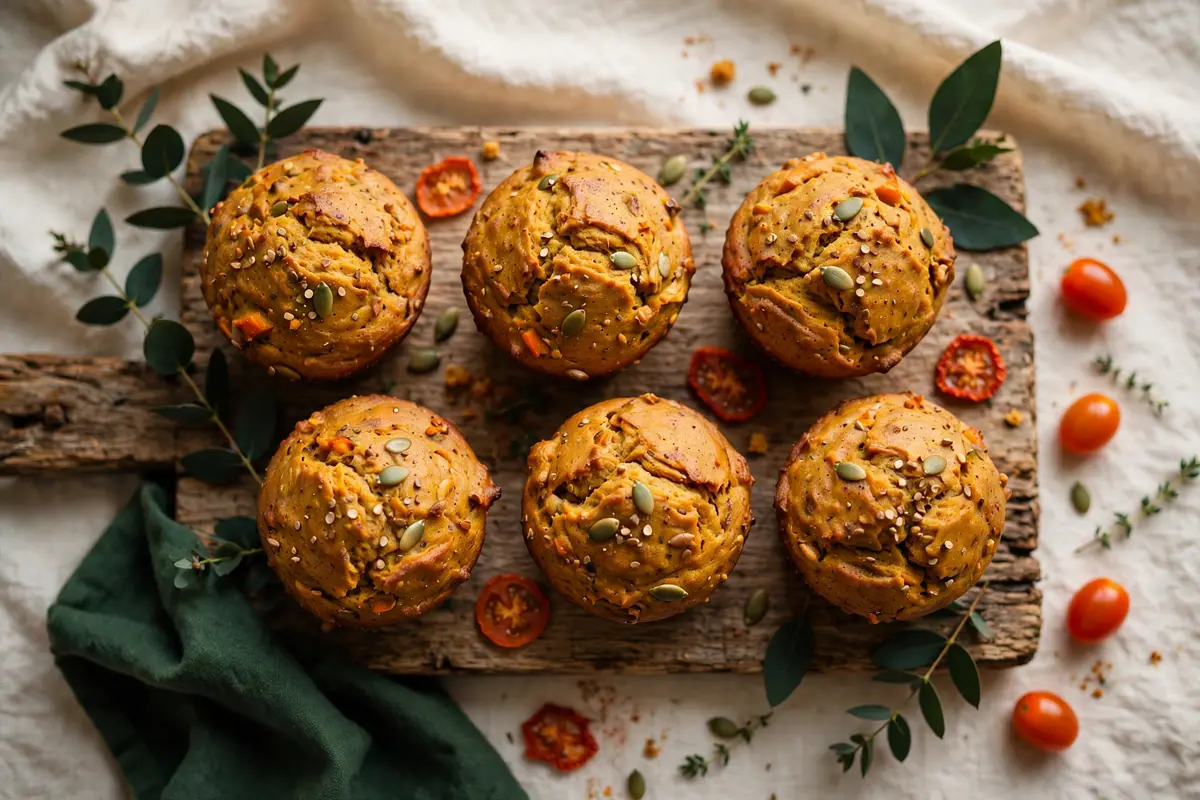 Overhead shot of pumpkin muffins with pumpkin seeds on a rustic wooden board