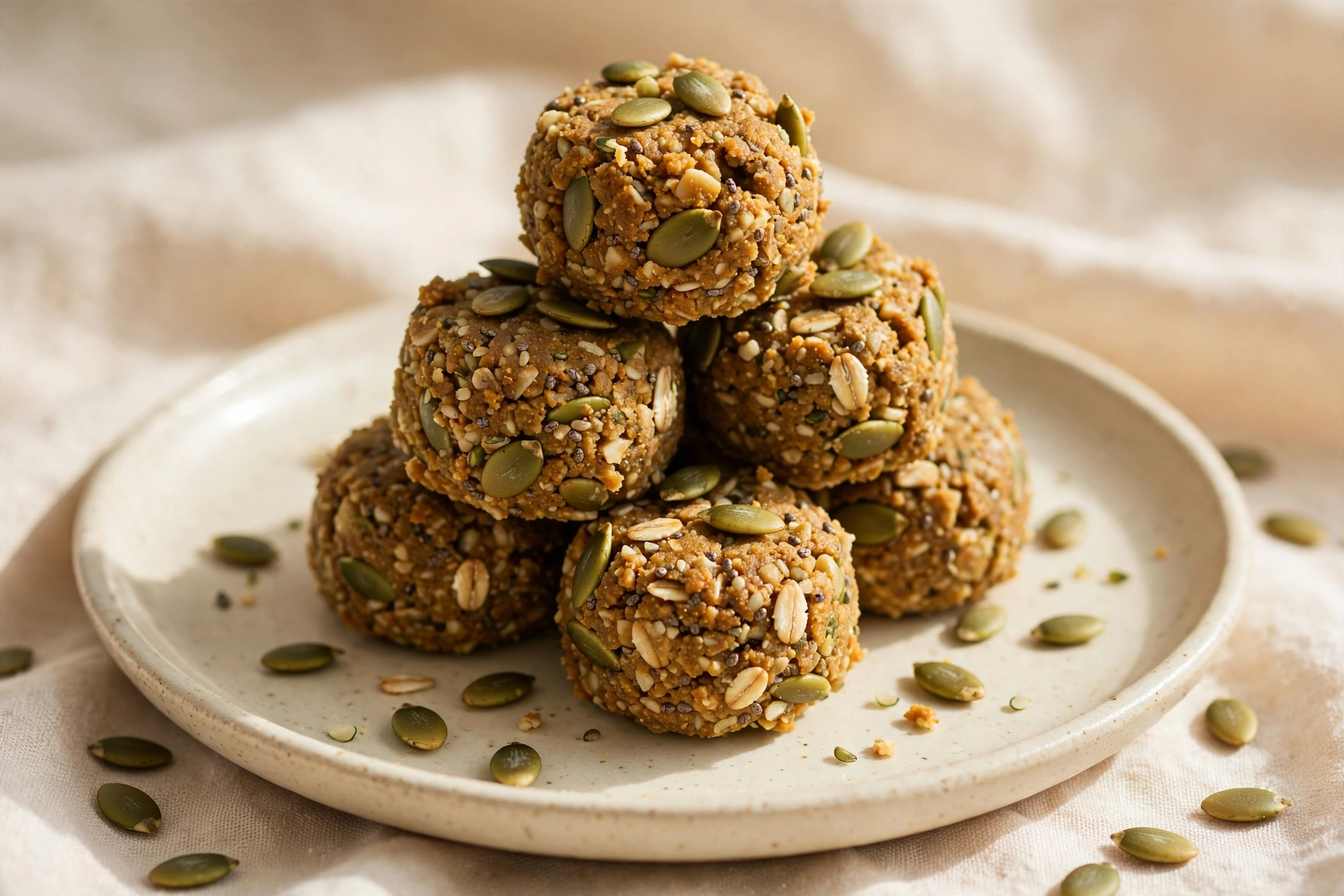 No-bake pumpkin seed energy bites stacked on a plate