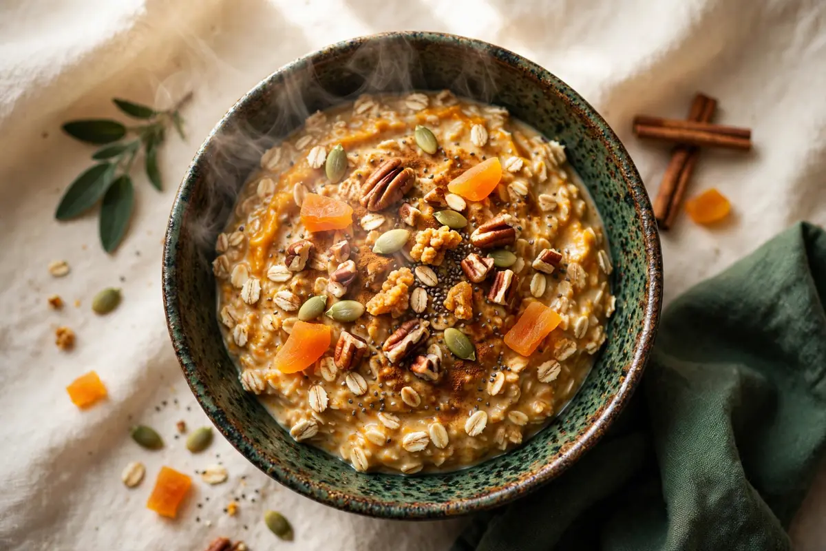 Two glass jars of pumpkin spice overnight oats topped with cinnamon and chopped pecans