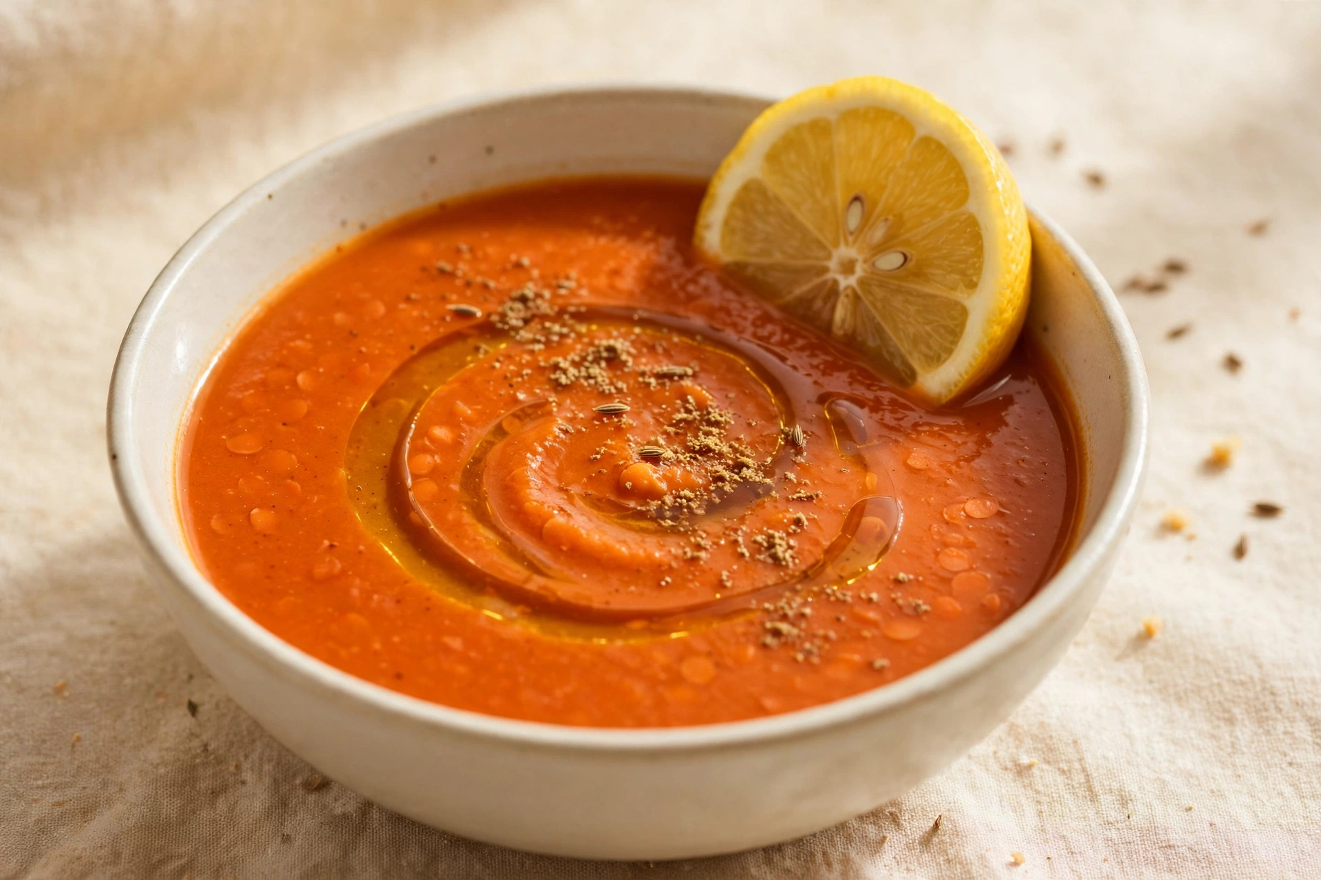 Bowl of creamy red lentil soup with lemon wedge, olive oil swirl and cumin