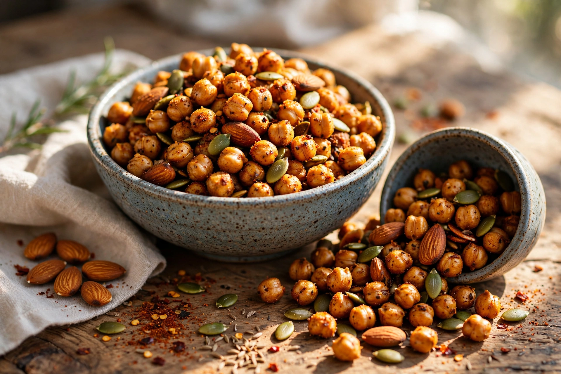 Bowl of crispy roasted chickpeas mixed with pumpkin seeds and almonds
