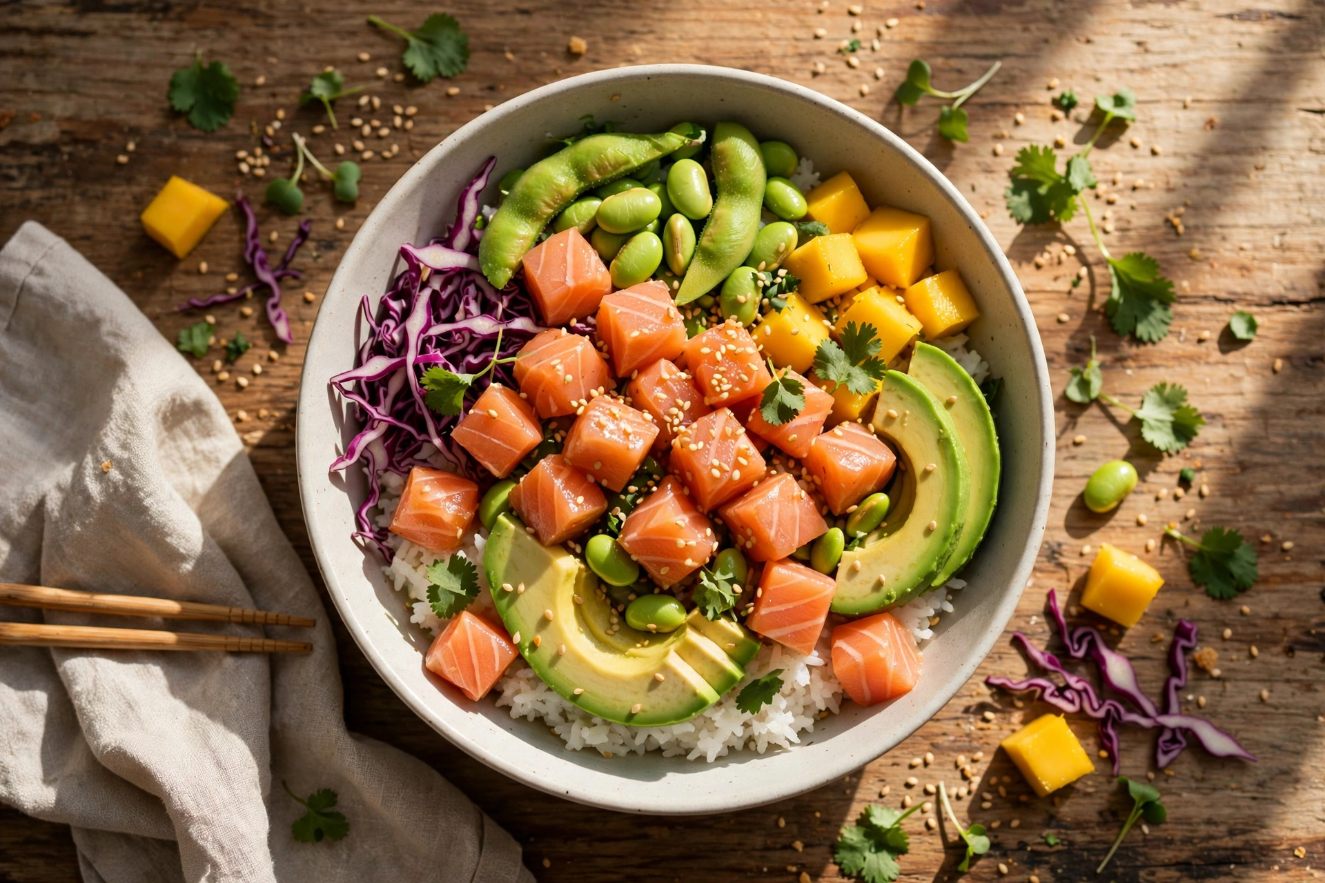 Poke bowl with cubed raw salmon, avocado, edamame and cucumber over rice