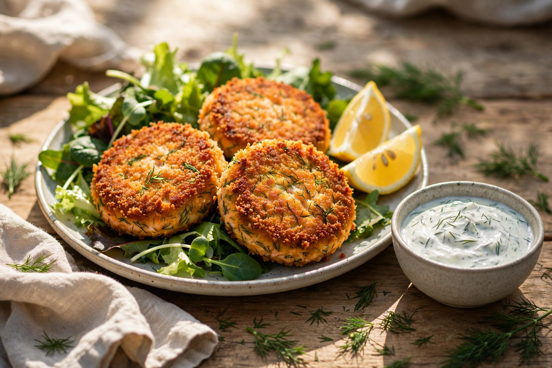 Golden salmon dill patties on a green salad with lemon wedges