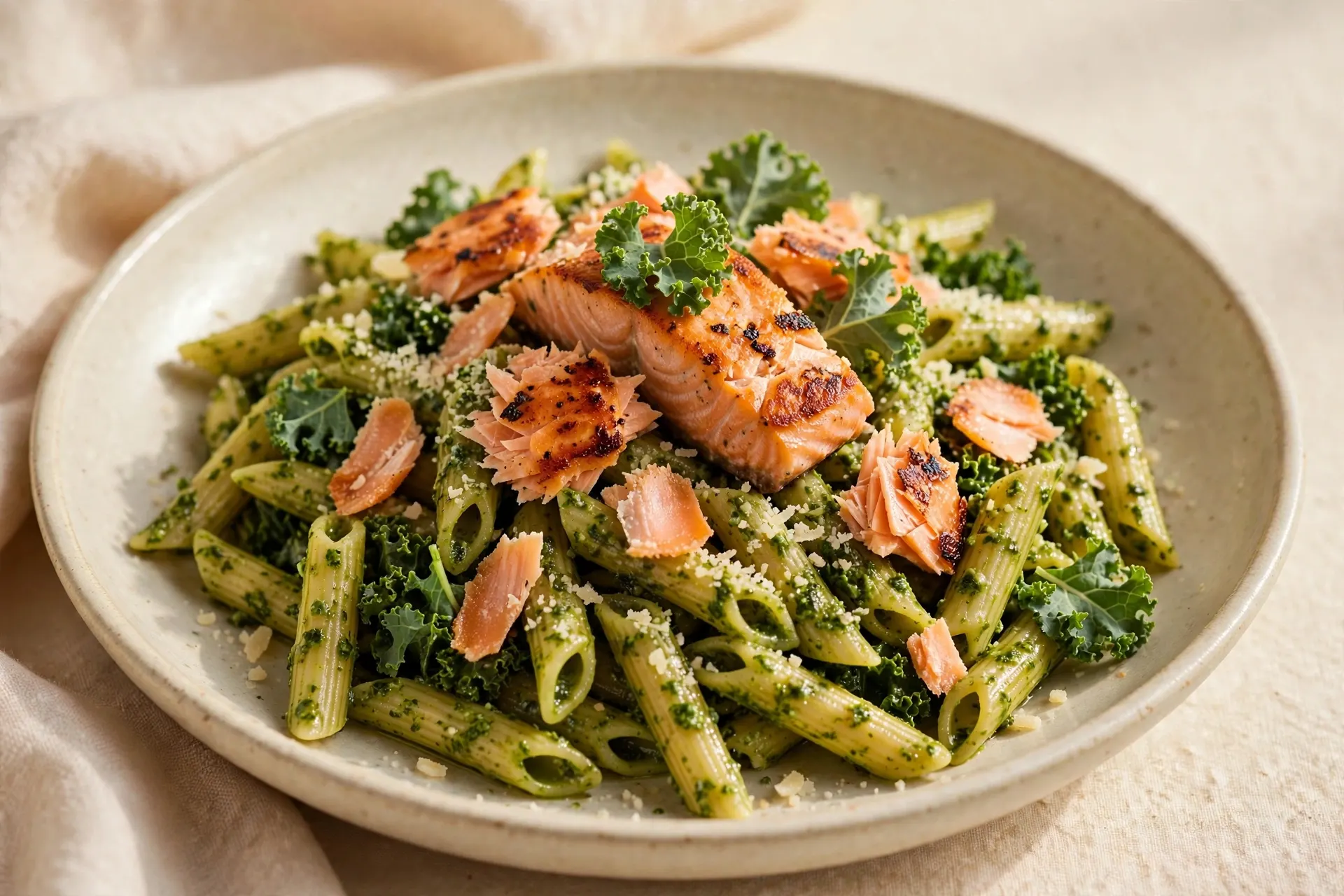 Bowl of whole-grain penne with seared salmon fillet and green kale pesto