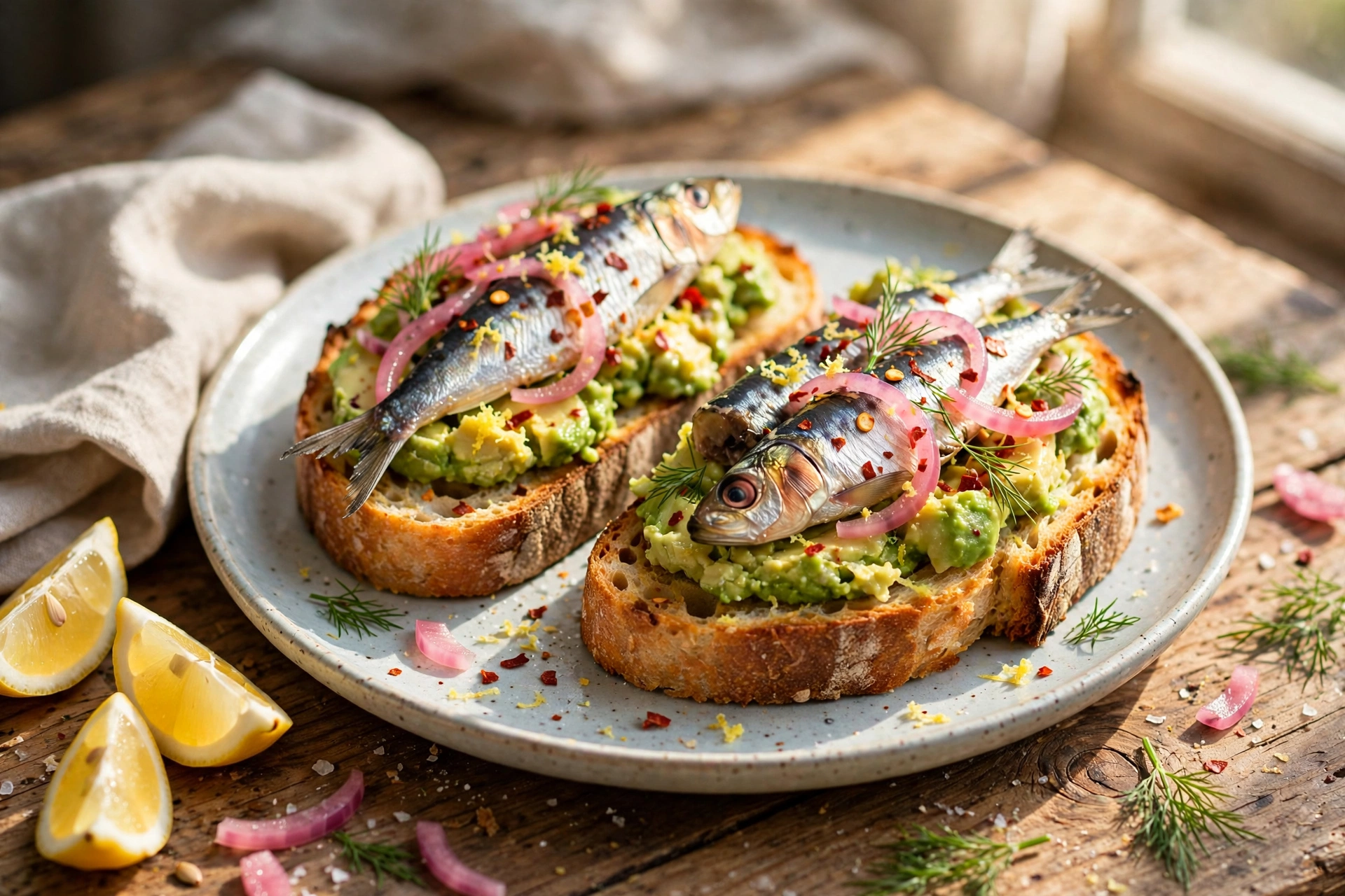 Two slices of toast topped with smashed avocado, sardines, red onion and lemon