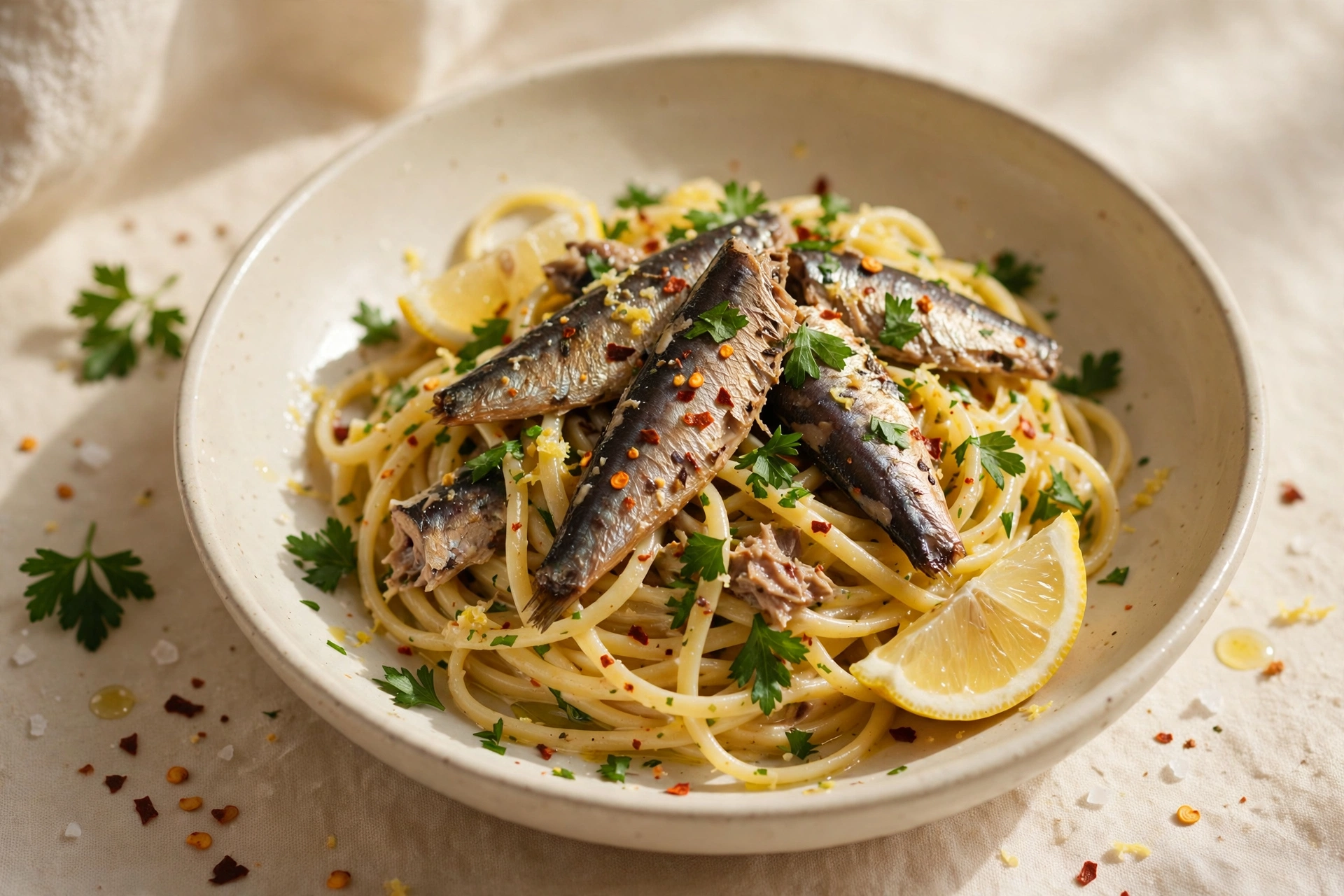 Spaghetti with sardines, lemon zest, parsley and chili flakes in a bowl
