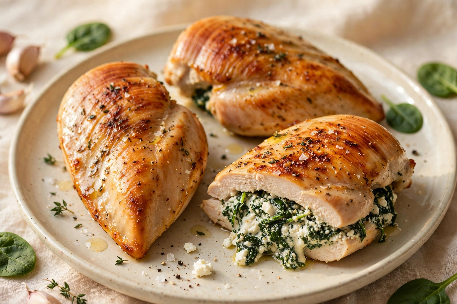 Sliced stuffed chicken breast showing spinach and feta filling, with roasted tomatoes