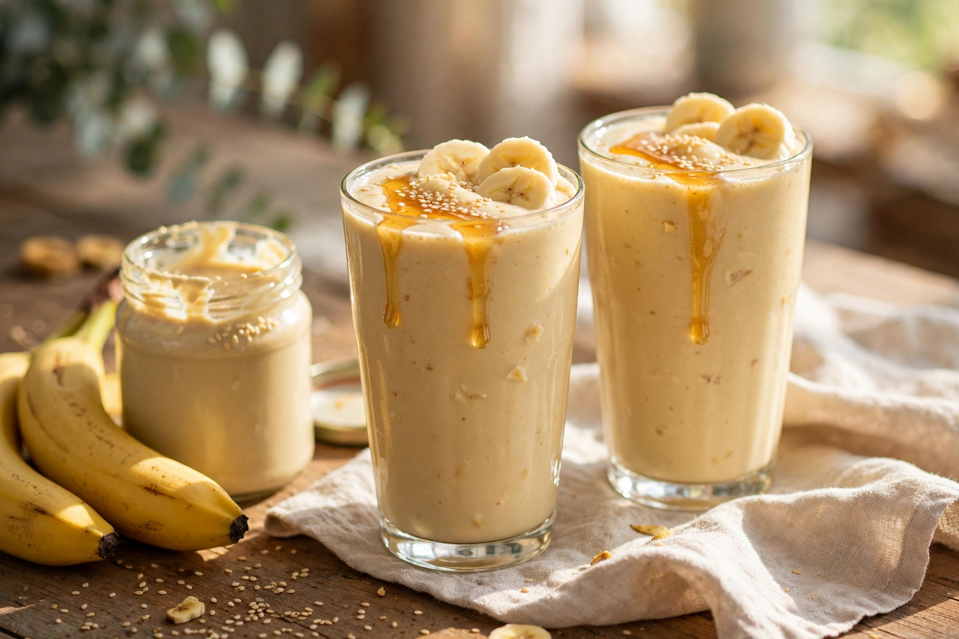 Two glasses of creamy tahini banana smoothie topped with sesame seeds