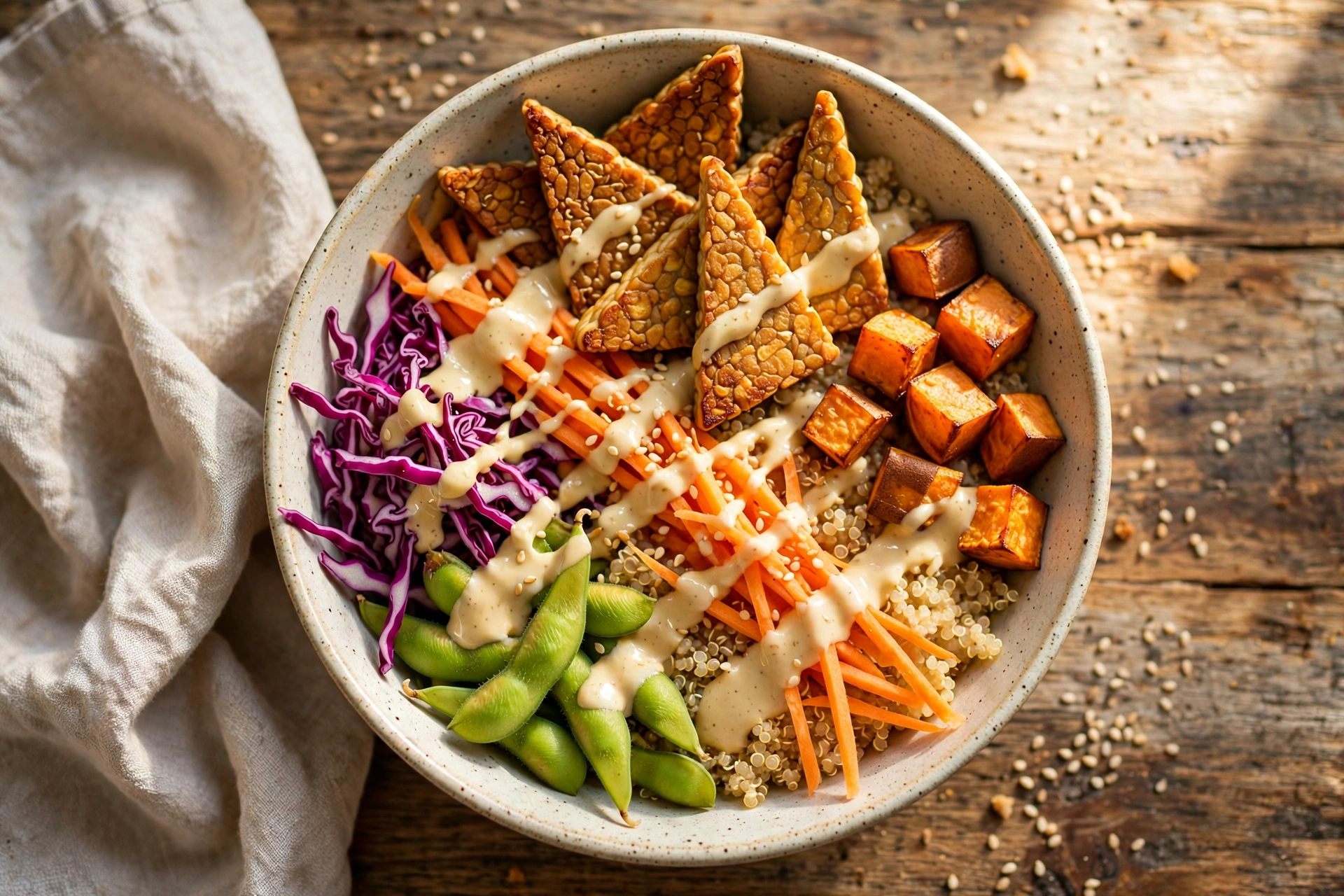 Colorful buddha bowl with sliced tempeh, sweet potato, red cabbage, edamame and tahini drizzle