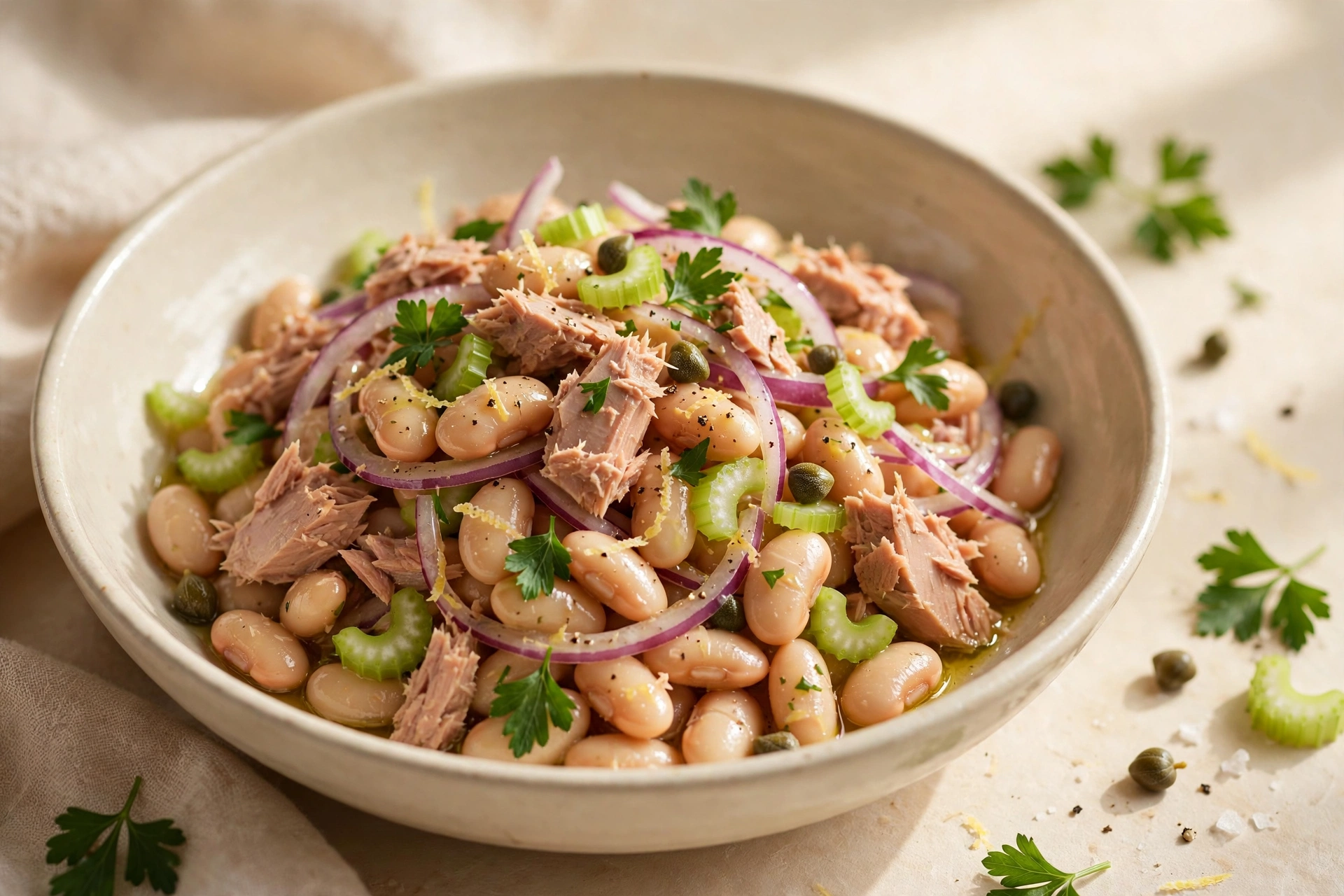 Tuna and white bean salad with celery, red onion, parsley and lemon
