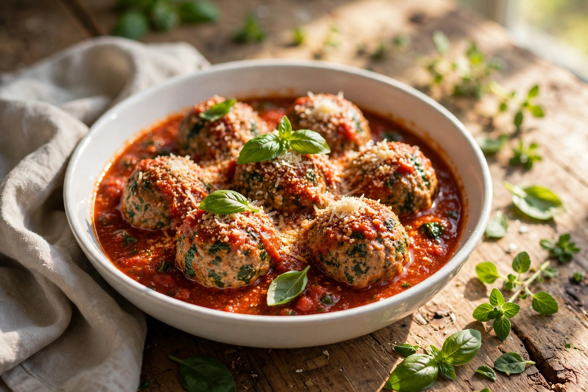 Turkey and spinach meatballs simmered in chunky tomato sauce in a skillet