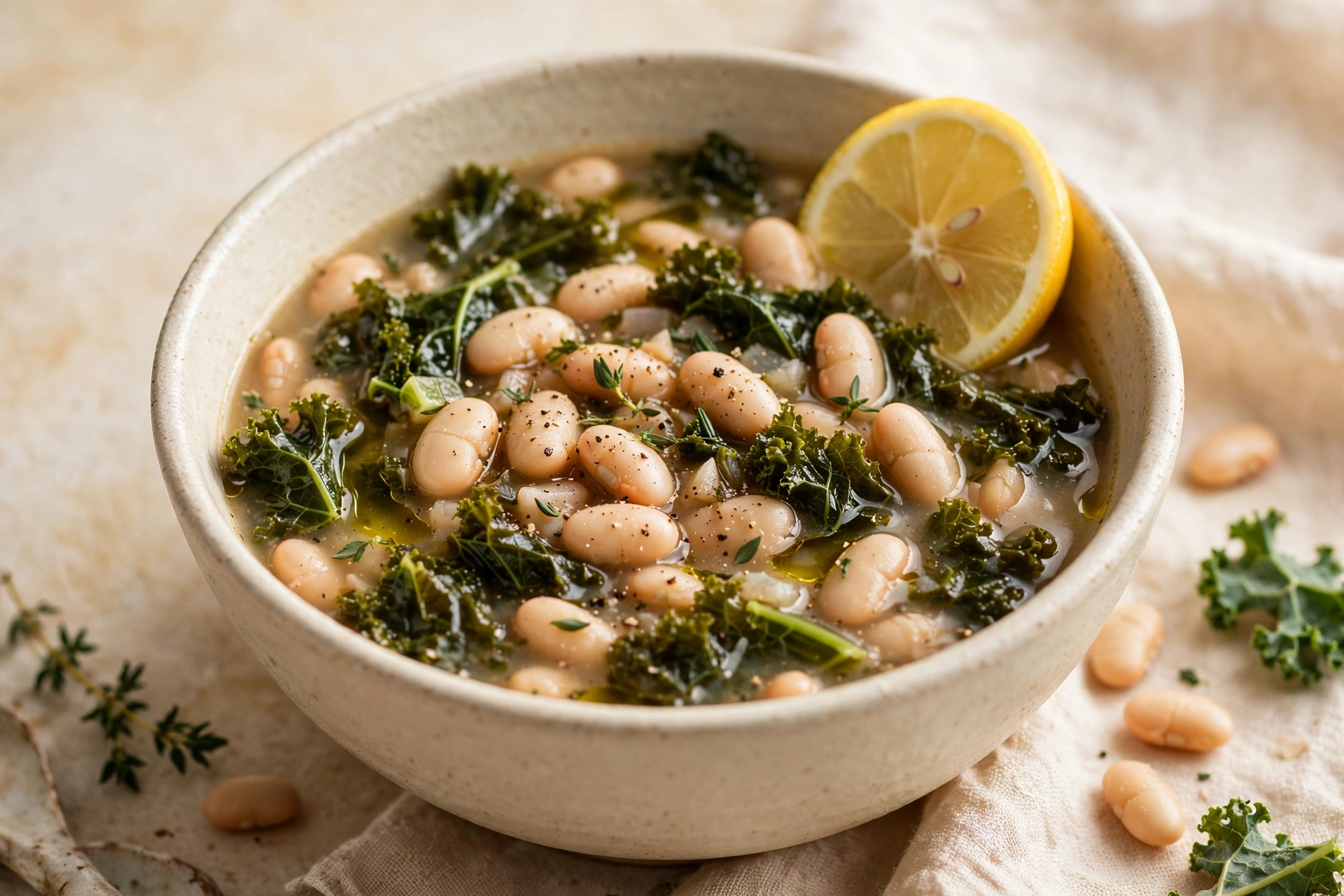 Bowl of white bean and kale soup with lemon wedge and olive oil swirl