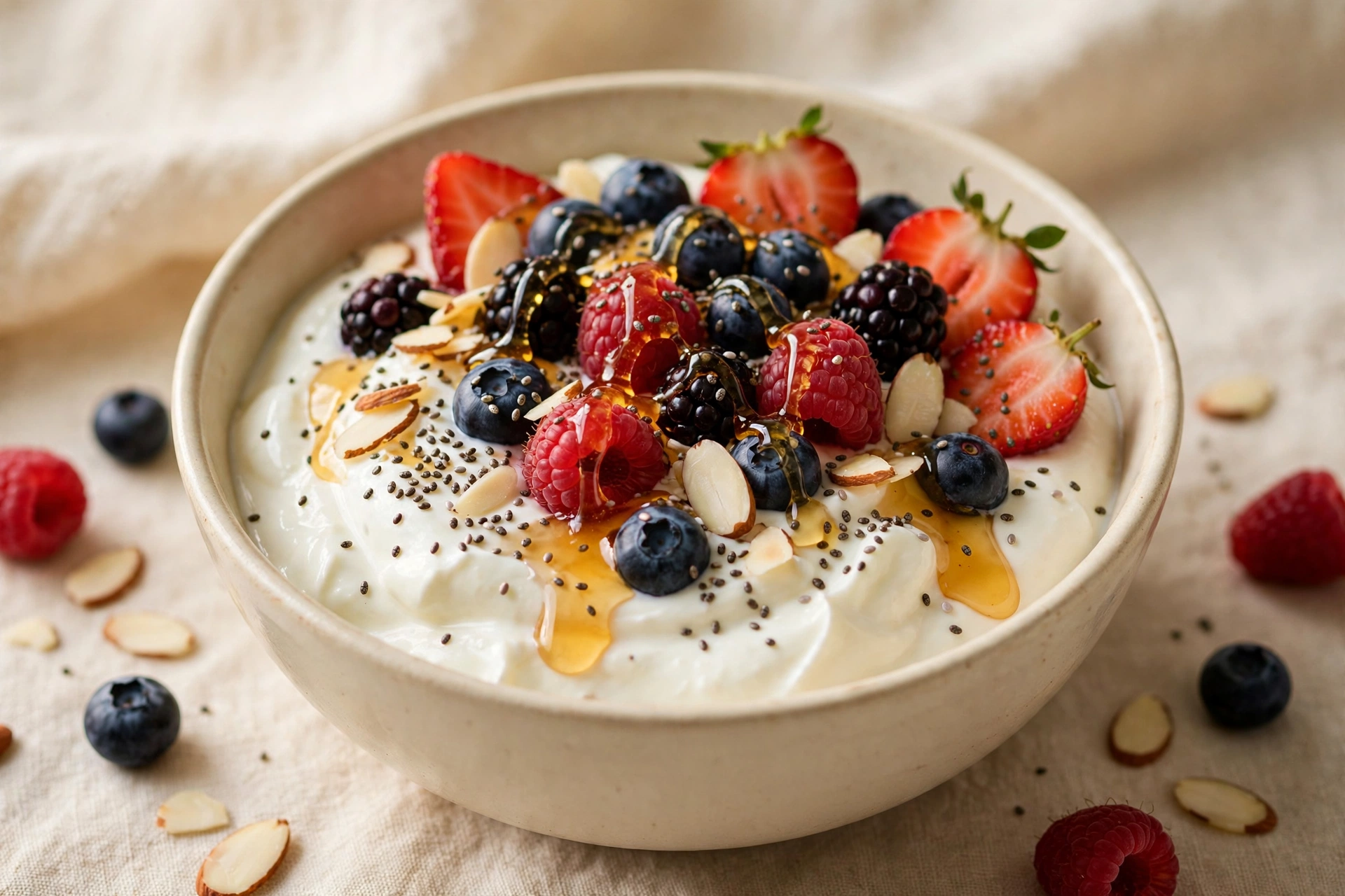 Greek yogurt bowl topped with berries, chia seeds, almonds and a honey drizzle